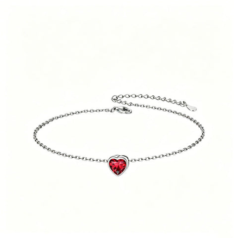 Sterling Silver Simple Dainty Round Heart Birthstone Single Layer Charm Anklet