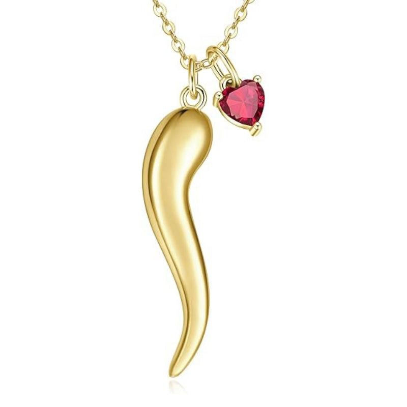 Heart Birthstone 14K Gold Plated Italian Horn Pendant Necklace Anniversary Birthday Gifts for Her