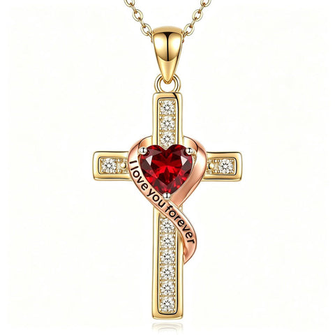 14K Gold Plated  Birthstone Cross Necklace Engraved I Love You Forever