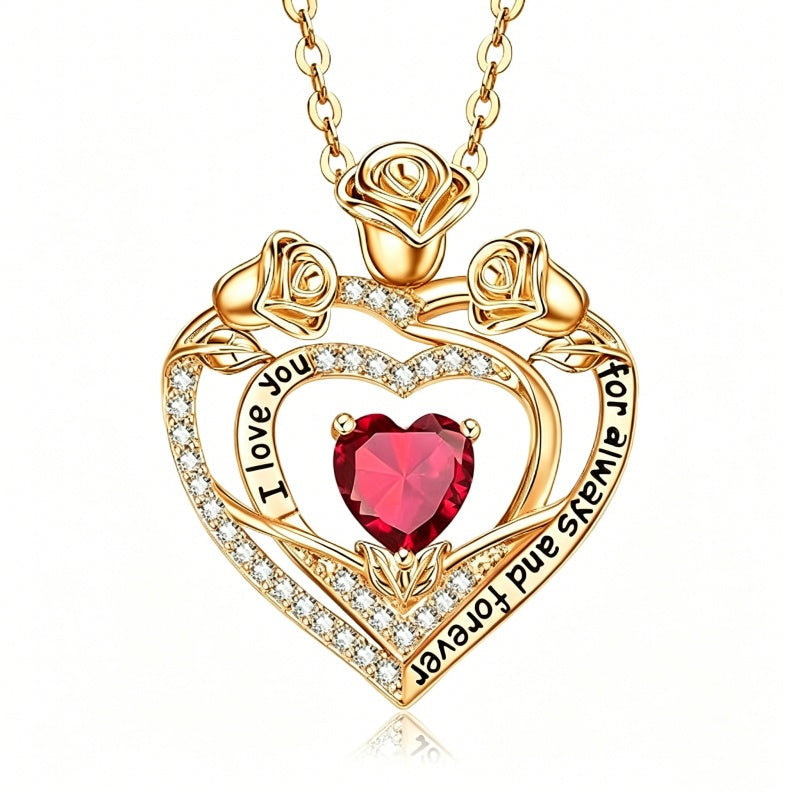 14K Gold Plated Rose Heart Birthstone Necklace for Women Engraved with I Love You for Always and Forever