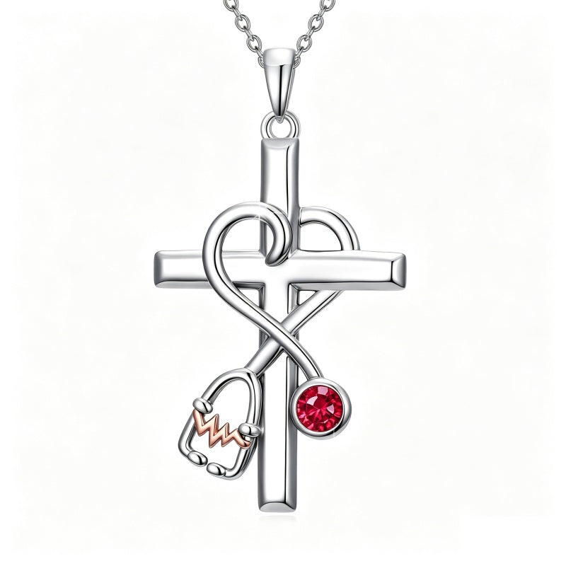 14K Gold Plated  Birthstone Stethoscope Cross Necklace Graduation Gifts for Women RN