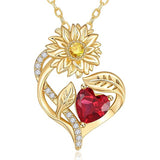 Sterling Sliver Birthstone Love Heart & Sunflower Pendant Necklace Engraved With You Are My Sunshine