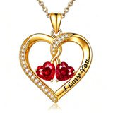 14K Gold Plated Double Heart Birthstone Rose Pendant Necklace for Women