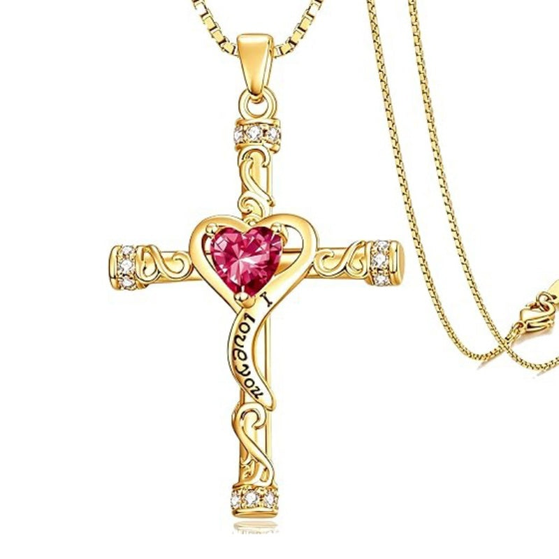 14K Gold Plated Heart Cut Cubic Zirconia Cross  Pendant Necklace For Women Religious Faith Jewelry