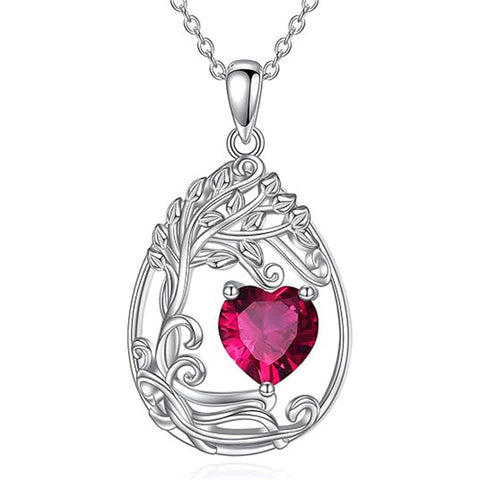 Sterling Silver Birthstone Teardrop Tree of Life Pendant Necklace