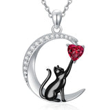 Sterling Silver Heart Birthstone Cat Pendant Necklace