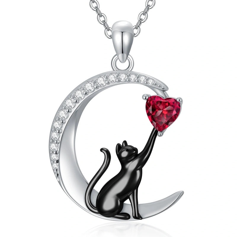 Sterling Silver Heart Birthstone Cat Pendant Necklace
