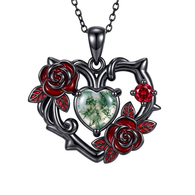 Sterling Silver Black Heart Skeleton Birthstone Necklace With Engraved Halloween Gift