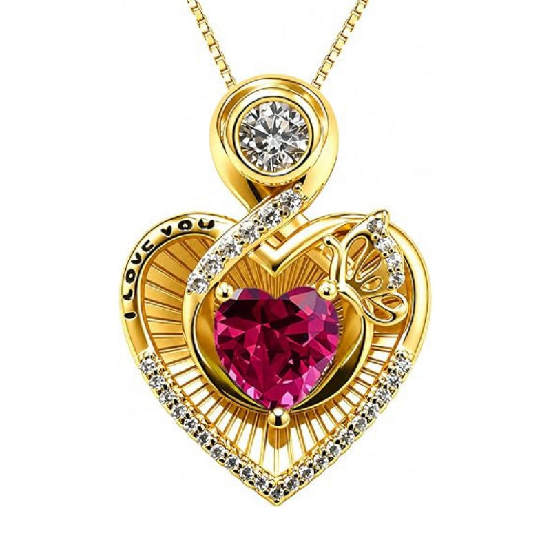 14K Gold Plated  Heart Birthstone Butterfly Necklace Engraved with  I Love You