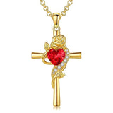 14K Gold Plated Birthstone Rose Cross Necklace for Women Faith Jewelry Gift