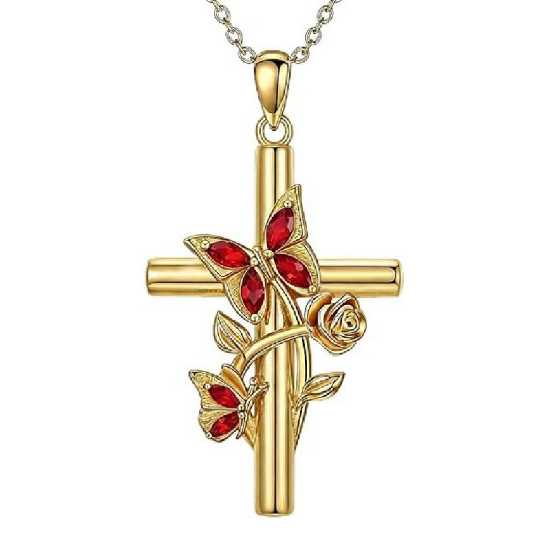 Birthston Butterfly Rose 14K Plated Gold Cross Pendant Necklace for Women