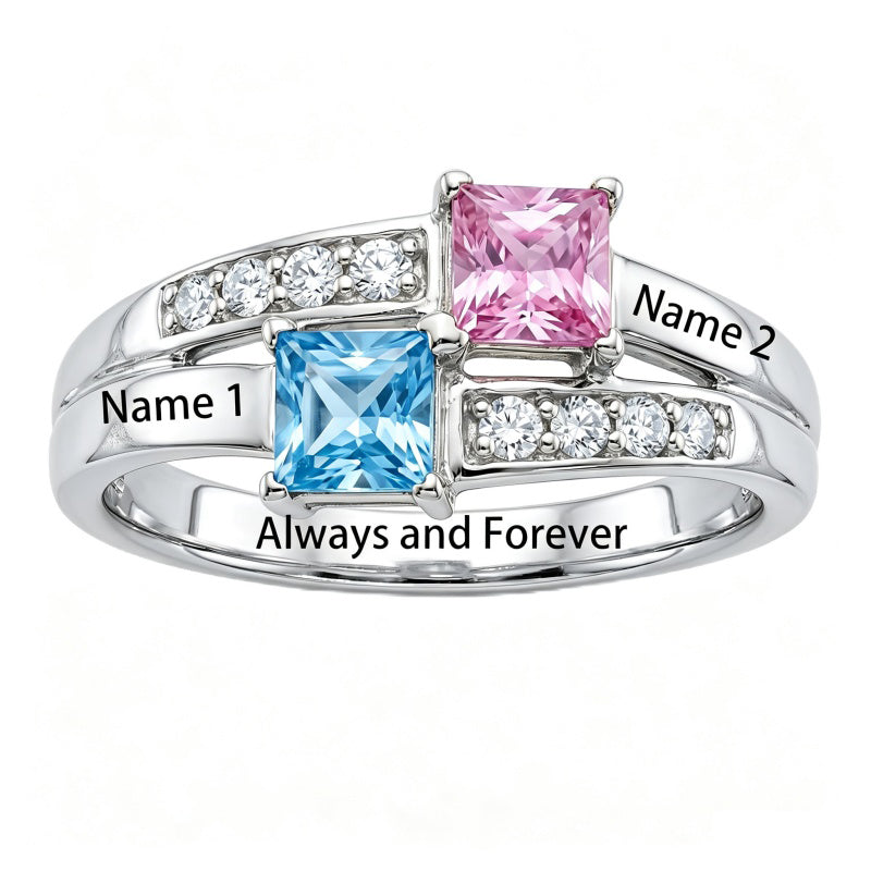 10K 14K 18K Gold Square Shaped Personalized 1-5 Birthstone  Family Mother's Ring Anniversary Ring for Women