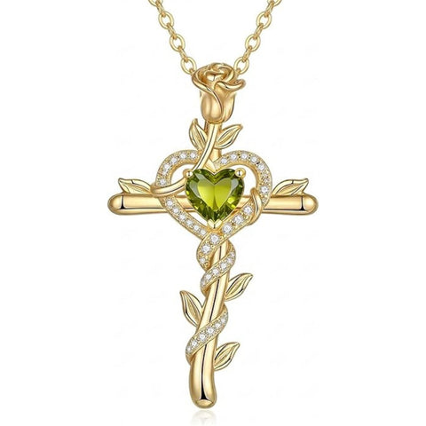 14K Gold Plated Heart Birthstone Rose Cross  Pendant Necklace  Religious Christian Jewelry for Women