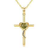 14K Gold Plated Dainty Heart Birthstone Pendant Cross Necklace for Women Religious Gift