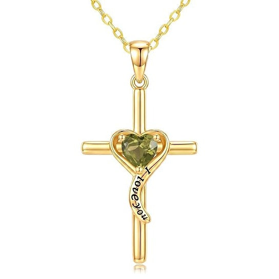 14K Gold Plated Dainty Heart Birthstone Pendant Cross Necklace for Women Religious Gift
