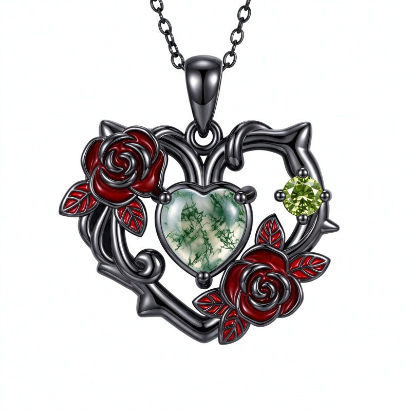Sterling Silver Black Heart Skeleton Birthstone Necklace With Engraved Halloween Gift