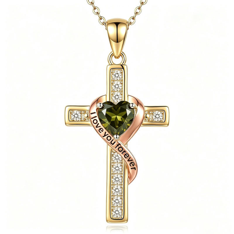 14K Gold Plated  Birthstone Cross Necklace Engraved I Love You Forever