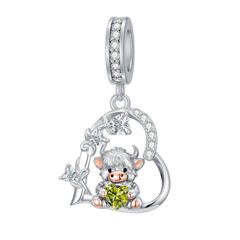 Sterling Silver 12 Month Birthstone Highland Cow Charm Beads