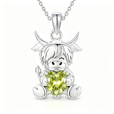 Sterling Silver Birthstone Highland Cow Pendant Necklace Birthday Christmas Gift