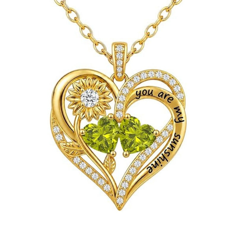 Double Birthstone Necklace 14K Gold Plated You Are My Sunshine Sunflower Necklace Heart Pendant Necklace