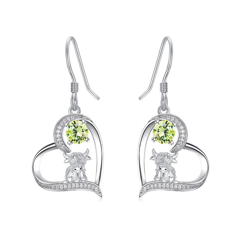Sterling Silver Birthstone Highland Cow Dangle Earrings