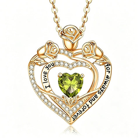 14K Gold Plated Rose Heart Birthstone Necklace for Women Engraved with I Love You for Always and Forever