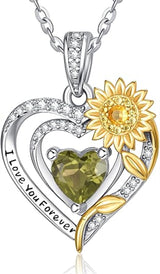 Sterling Silver Heart Birthstone Sunflower Pendant Necklace Engraved with I Love You Forever