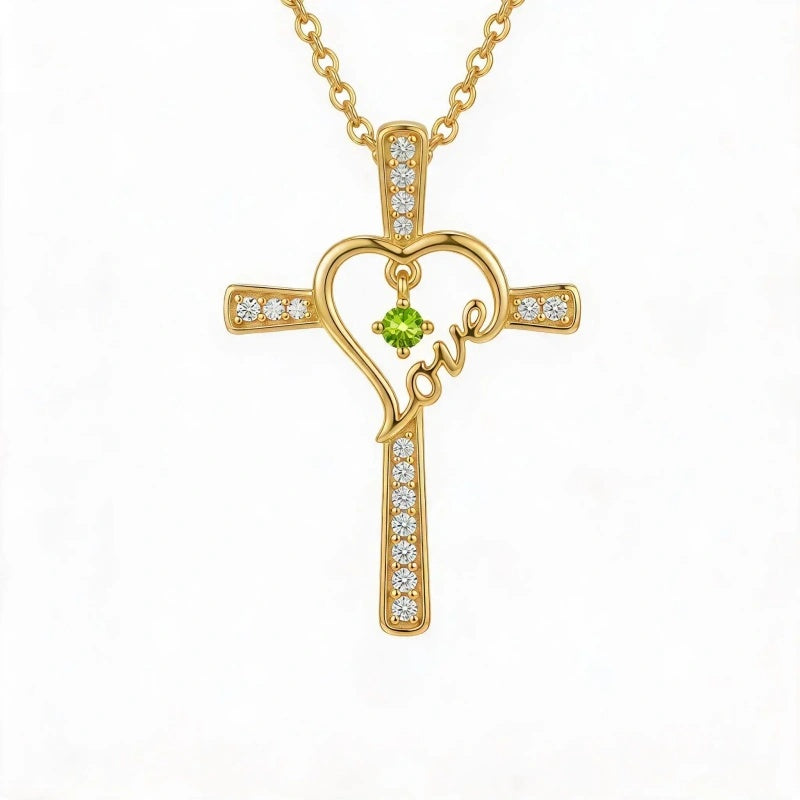 14K Gold Plated  Birthstone  LOVE Heart Cross Necklace for Women Faith Jewelry