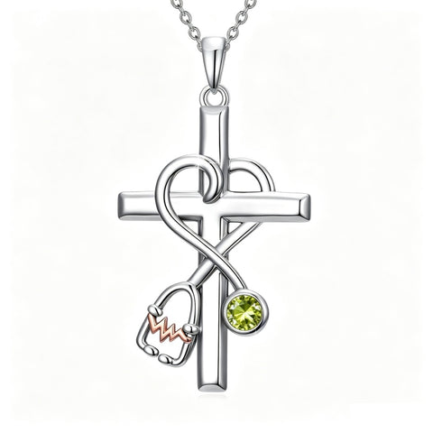 14K Gold Plated  Birthstone Stethoscope Cross Necklace Graduation Gifts for Women RN