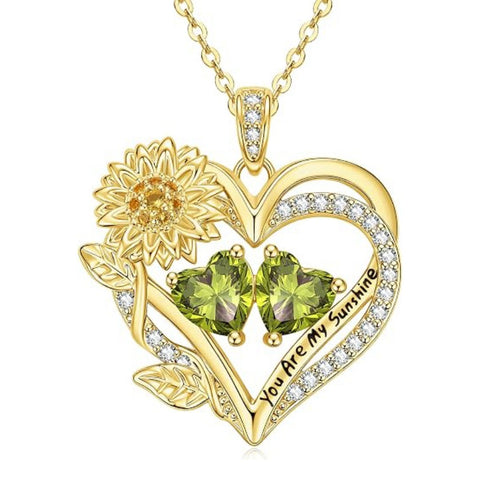 14K Gold  Plated Double Birthstone Heart Sunflower Necklace for Women