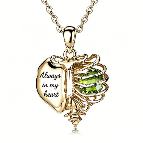 14K Gold Plated  Heart Birthstone Skeleton Necklace With Engraved