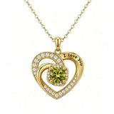 14K Gold Plated  Birthstone Heart Pendant  Necklace for Women Engraved with  I Love You