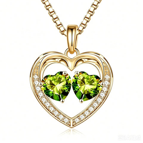 14K Gold Plated Double Heart Birthstone Necklace Anniversary Birthday Gifts for Women