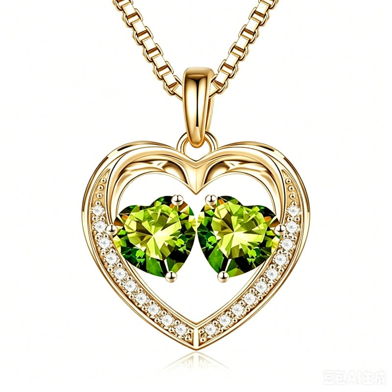 14K Gold Plated Double Heart Birthstone Necklace Anniversary Birthday Gifts for Women