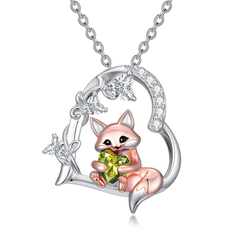 Sterling Silver Heart Birthstone Fox Pendant Necklace