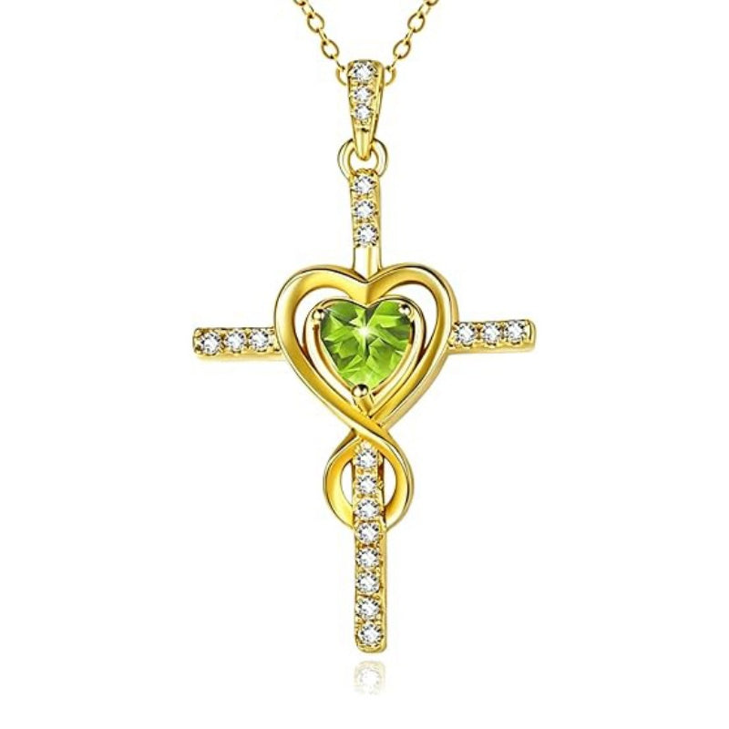 14K Gold Plated Dainty Heart Birthstone Pendant Cross Necklace for Women Religious Gift