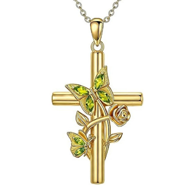 Birthston Butterfly Rose 14K Plated Gold Cross Pendant Necklace for Women