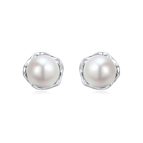 925 Sterling Silver Elegant Pearl Stud Earrings In Silver Floral Setting
