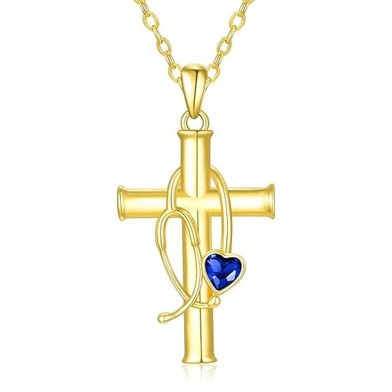 Stethoscope Cross 14K Gold Plated Pendant Necklace for Women Nurse Doctor Birthday Graduation Gift for Medical Student