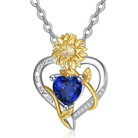 Sterling Sliver Birthstone Love Heart & Sunflower Pendant Necklace Engraved With You Are My Sunshine