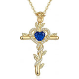 14K Gold Plated Heart Birthstone Rose Cross  Pendant Necklace  Religious Christian Jewelry for Women