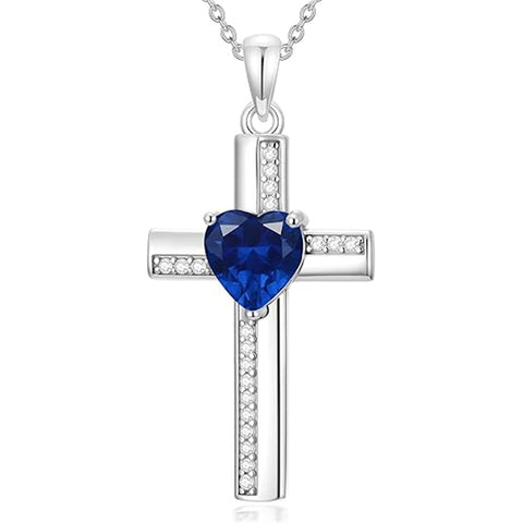 Sterling Silver 12 Birthstones Cross Religious Necklace for Women