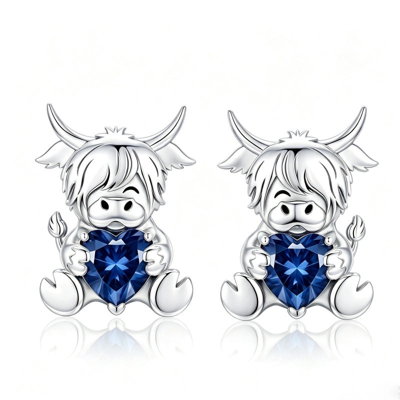 Sterling Silver 12 Month Birthstone Highland Cow Stud Earrings Christmas Gift