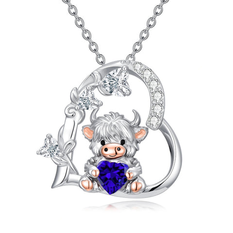 Sterling Silver Highland Cow Pendant Necklace Birthstone Necklace Gift for Women