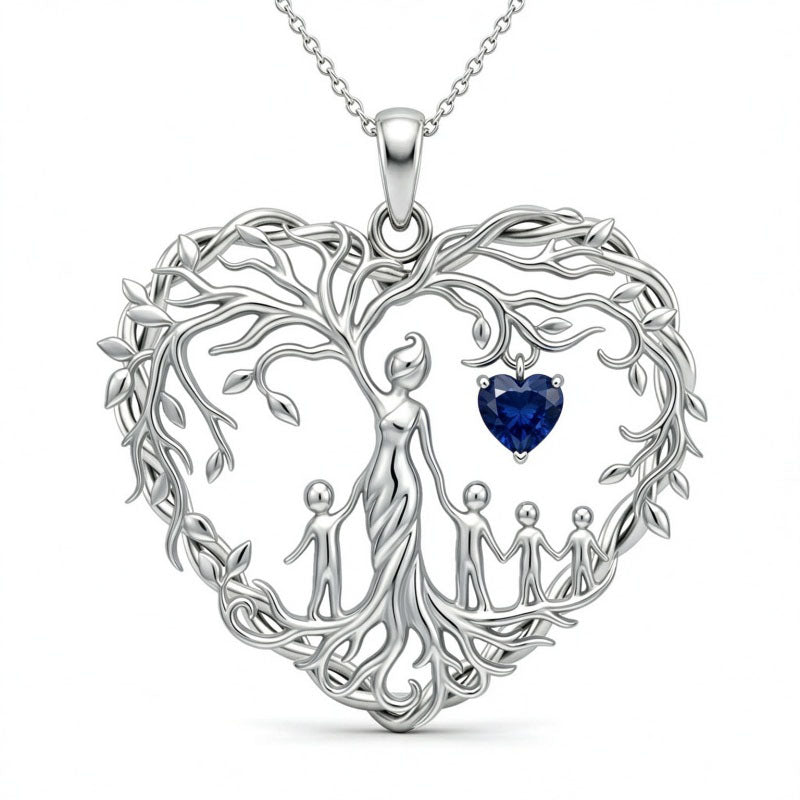 Sterling Silver Heart Pendant Birthstone Tree of Life Mother Child Family Necklace