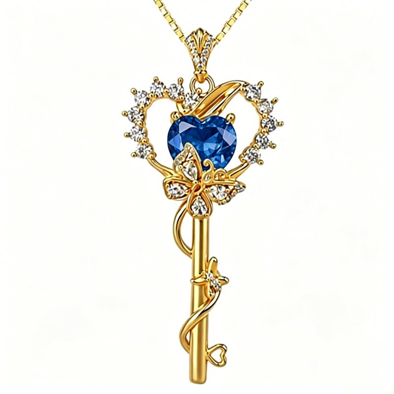 Birthstone Infinity Heart 14K Gold Plated Butterfly Key Pendant Necklace Gift for Her