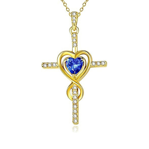 14K Gold Plated Dainty Heart Birthstone Pendant Cross Necklace for Women Religious Gift
