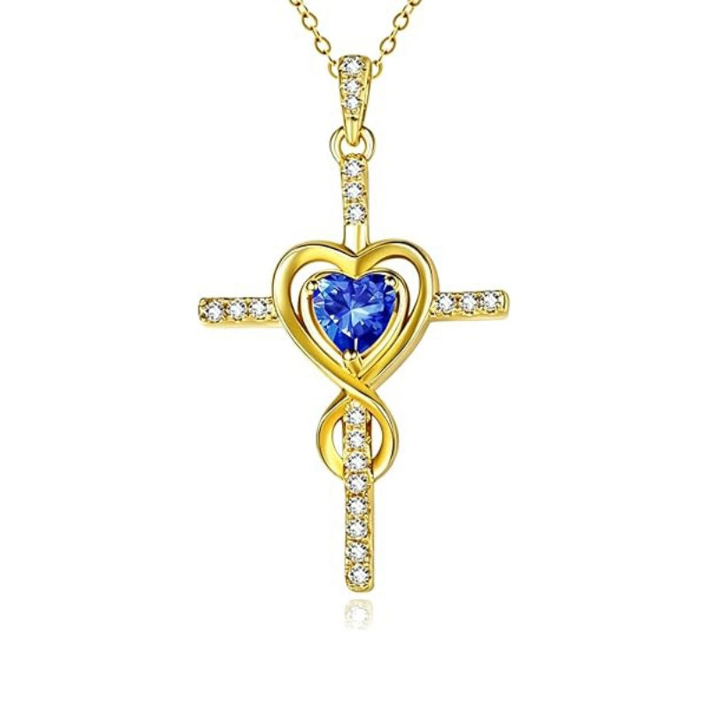14K Gold Plated Dainty Heart Birthstone Pendant Cross Necklace for Women Religious Gift