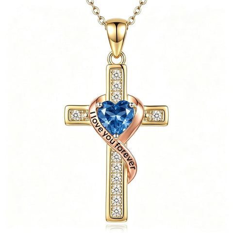 14K Gold Plated  Birthstone Cross Necklace Engraved I Love You Forever