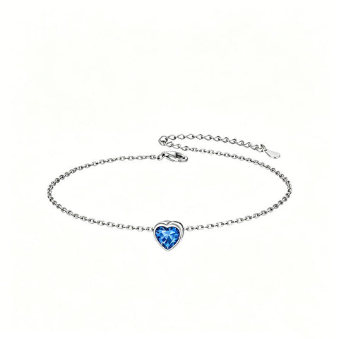 Sterling Silver Simple Dainty Round Heart Birthstone Single Layer Charm Anklet